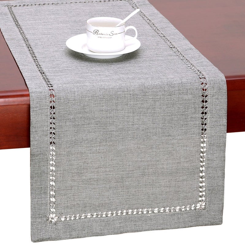 Grelucgo Large Handmade Hemstitch Gray Dining Table Runner Rectangular 14 by 120 Inch - Image 1